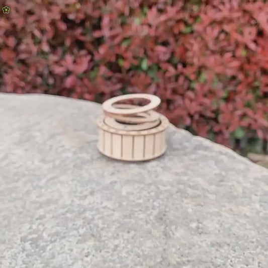 DIY Solar Double Ring Kit in action, sunlight powering the rotating wooden model.